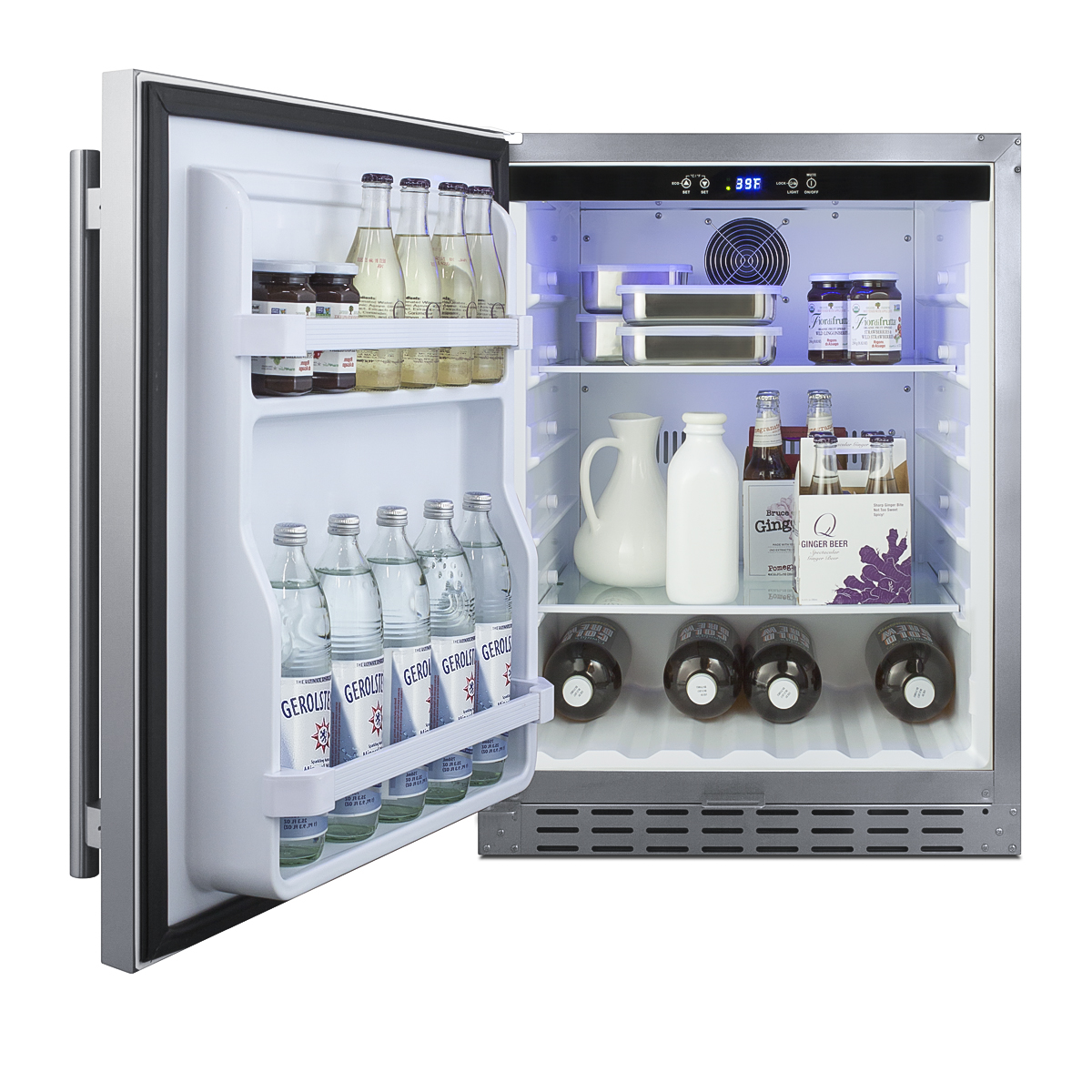 Built-in undercounter ADA-compliant all-refrigerator for outdoor use featuring a stainless steel exterior and digital controls